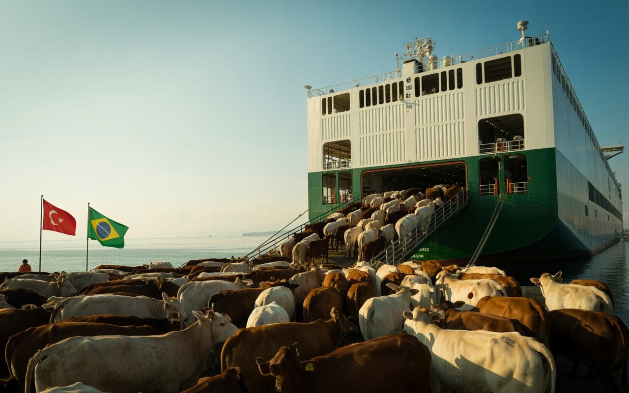 Navio transportando bois vivos durante exportação marítima brasileira