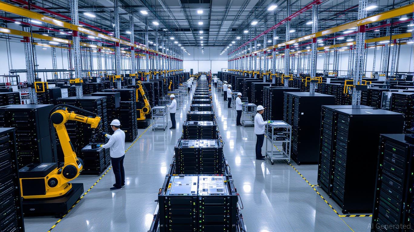 Linha de produção de servidores de inteligência artificial na fábrica da Foxconn.