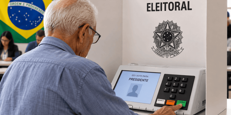Eleitor idoso votando na urna eletrônica durante o segundo turno para validar a prova de vida do inss.