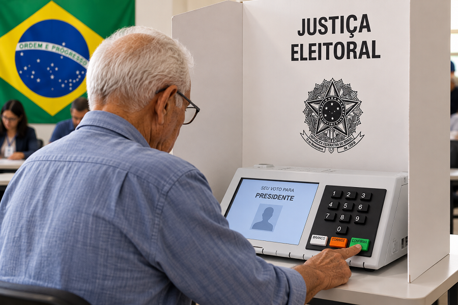 Eleitor idoso votando na urna eletrônica durante o segundo turno para validar a prova de vida do inss.