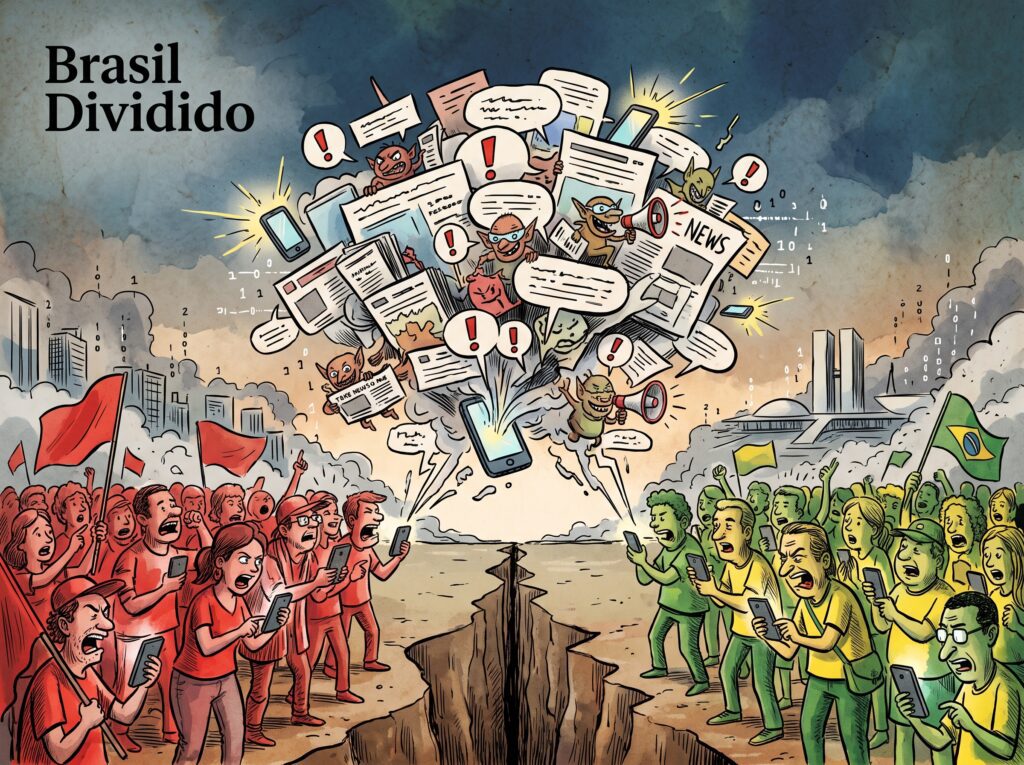 Eleitor consultando telefone celular sobre fake news nas eleições diante de urna eletrônica no Rio de Janeiro.